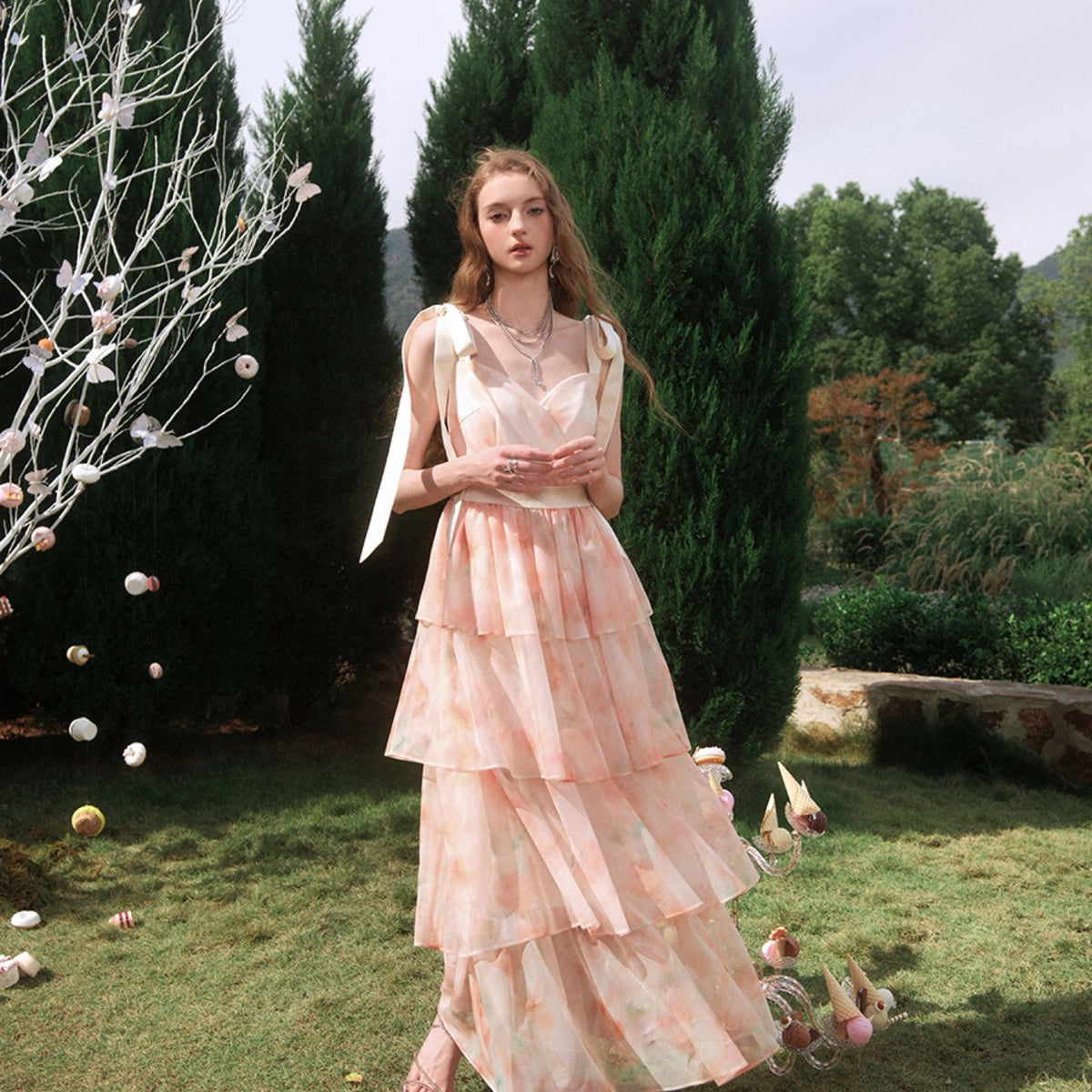 knee length dresses for ladies Final Sale Plus Size 3 Layered Maxi Dress in Apricot