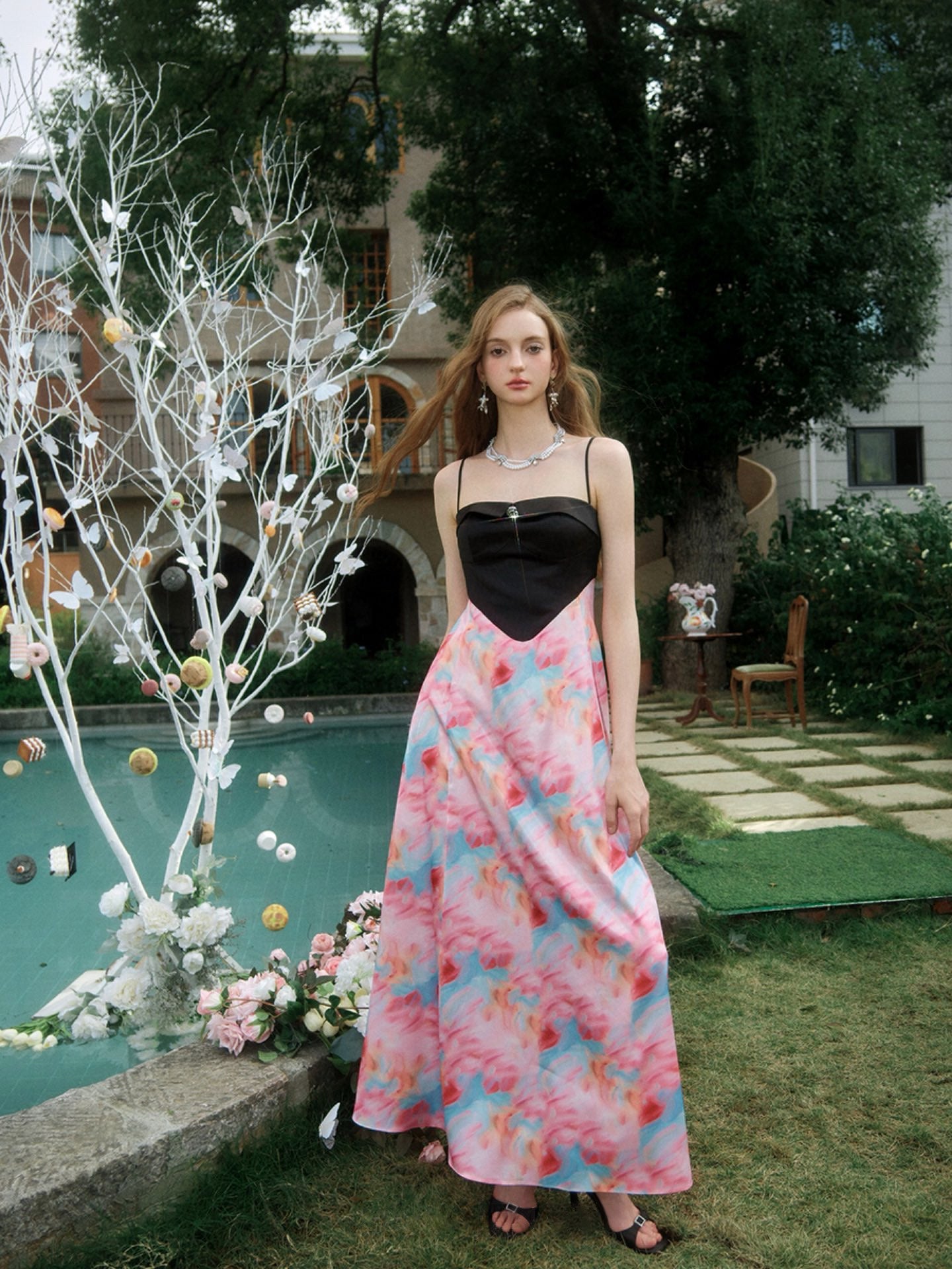 Black and Watercolor Printed Cami Maxi Dress