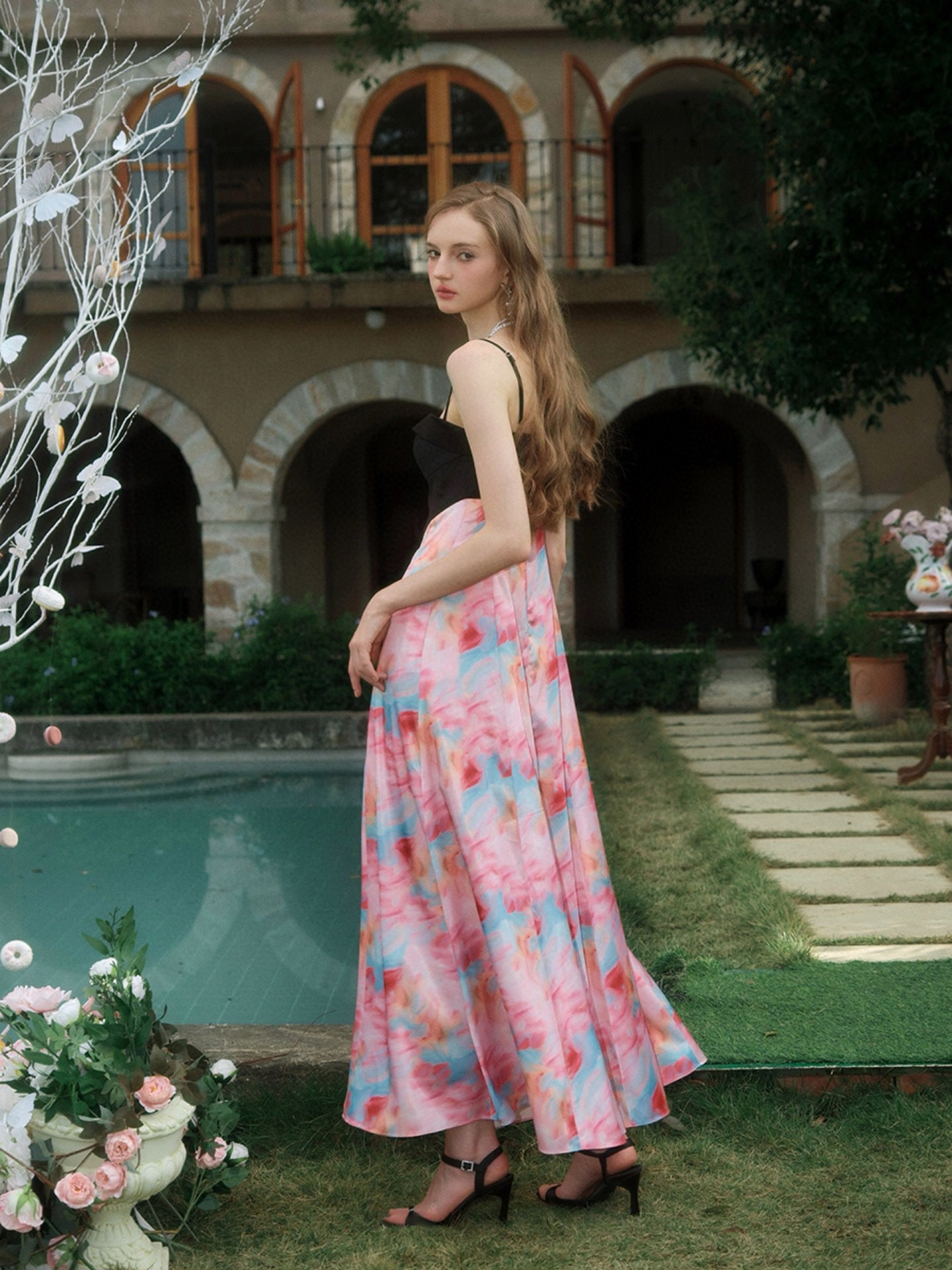 Black and Watercolor Printed Cami Maxi Dress