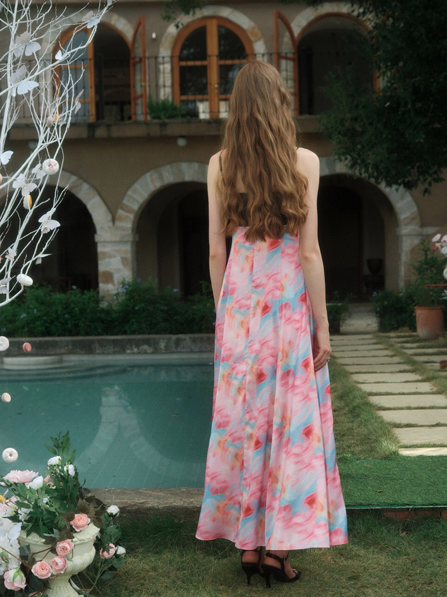 Black and Watercolor Printed Cami Maxi Dress