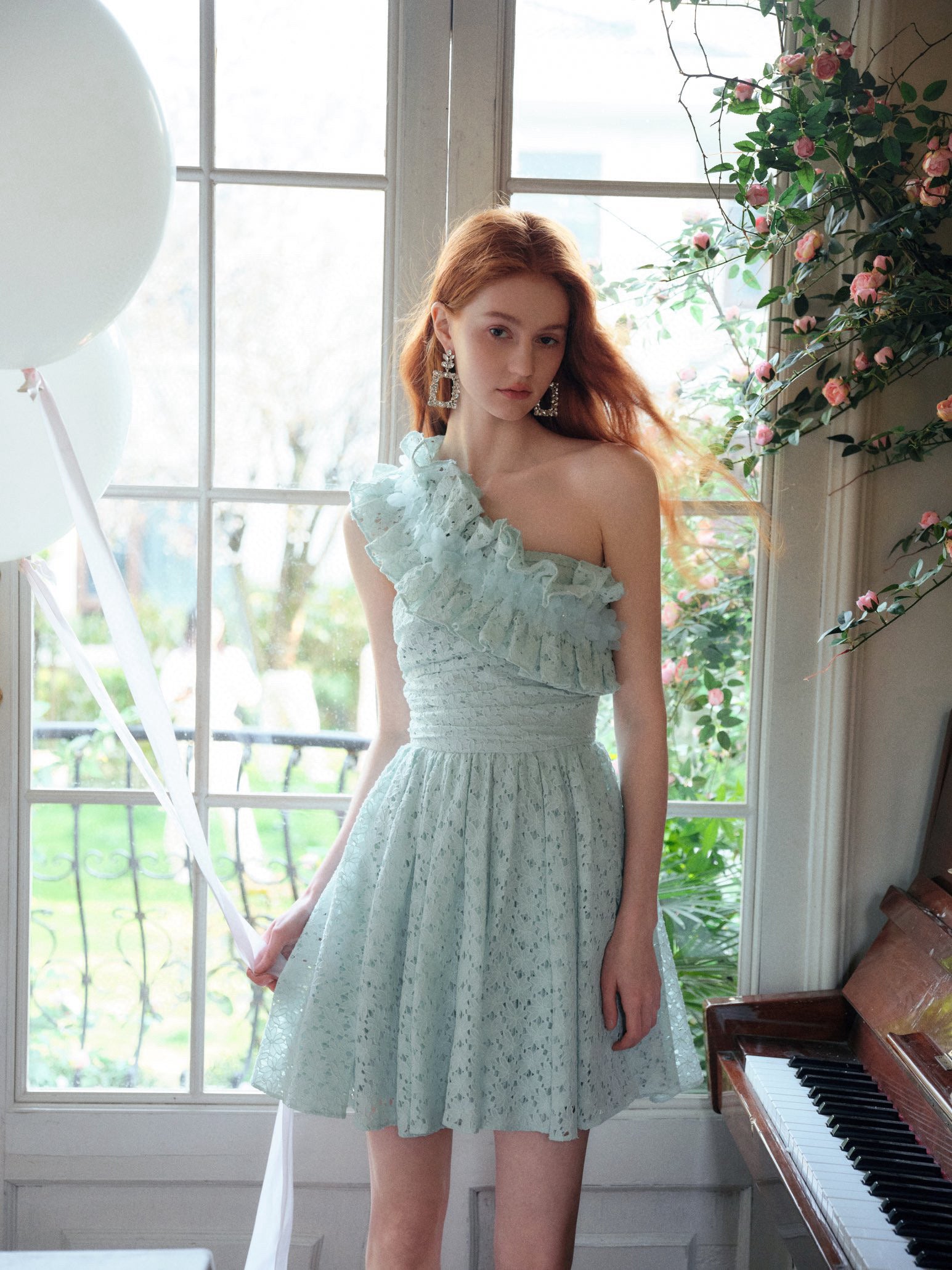 Handmade Crystal Flower One-Shoulder Ruffled Dress