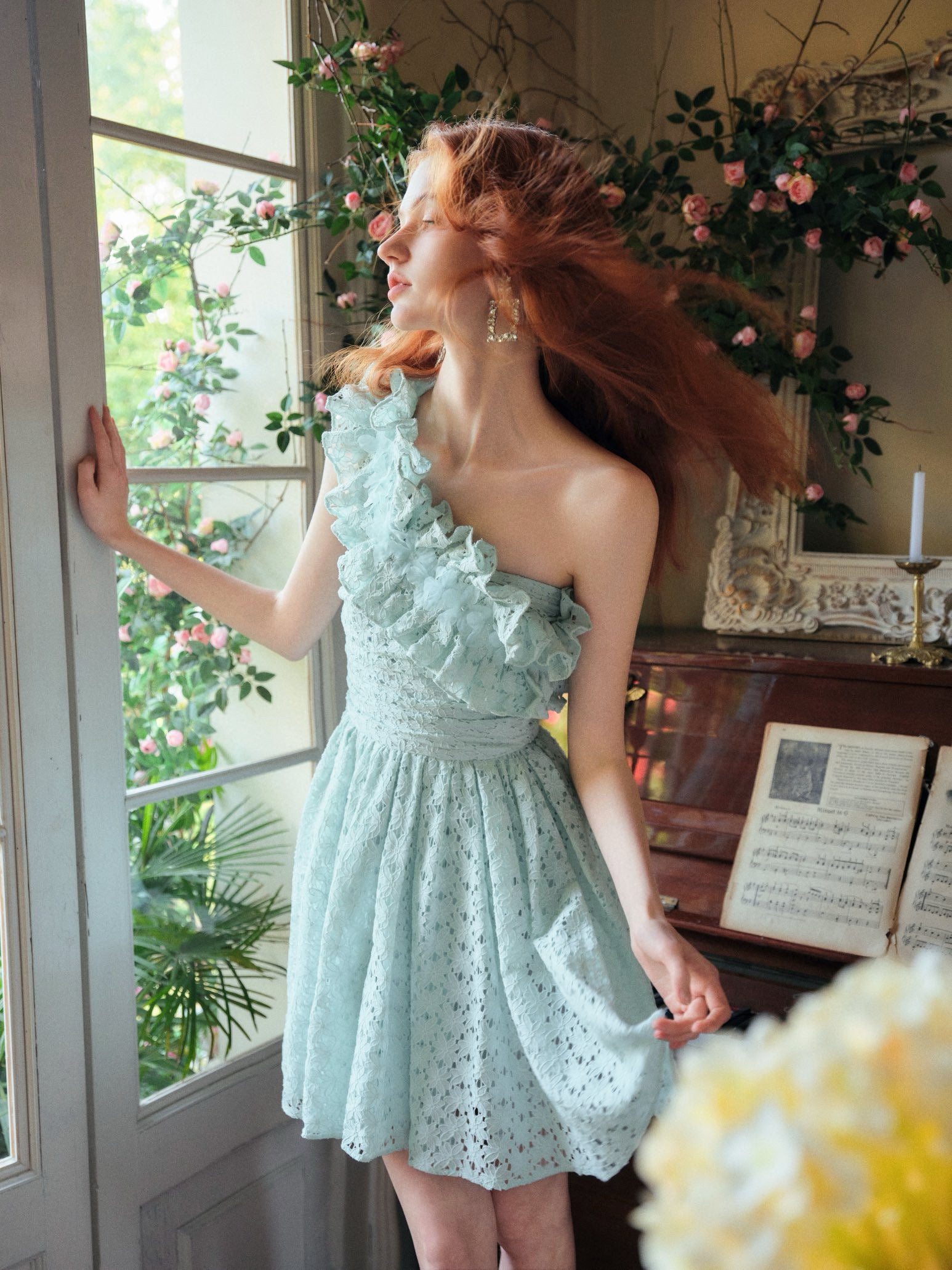 Handmade Crystal Flower One-Shoulder Ruffled Dress