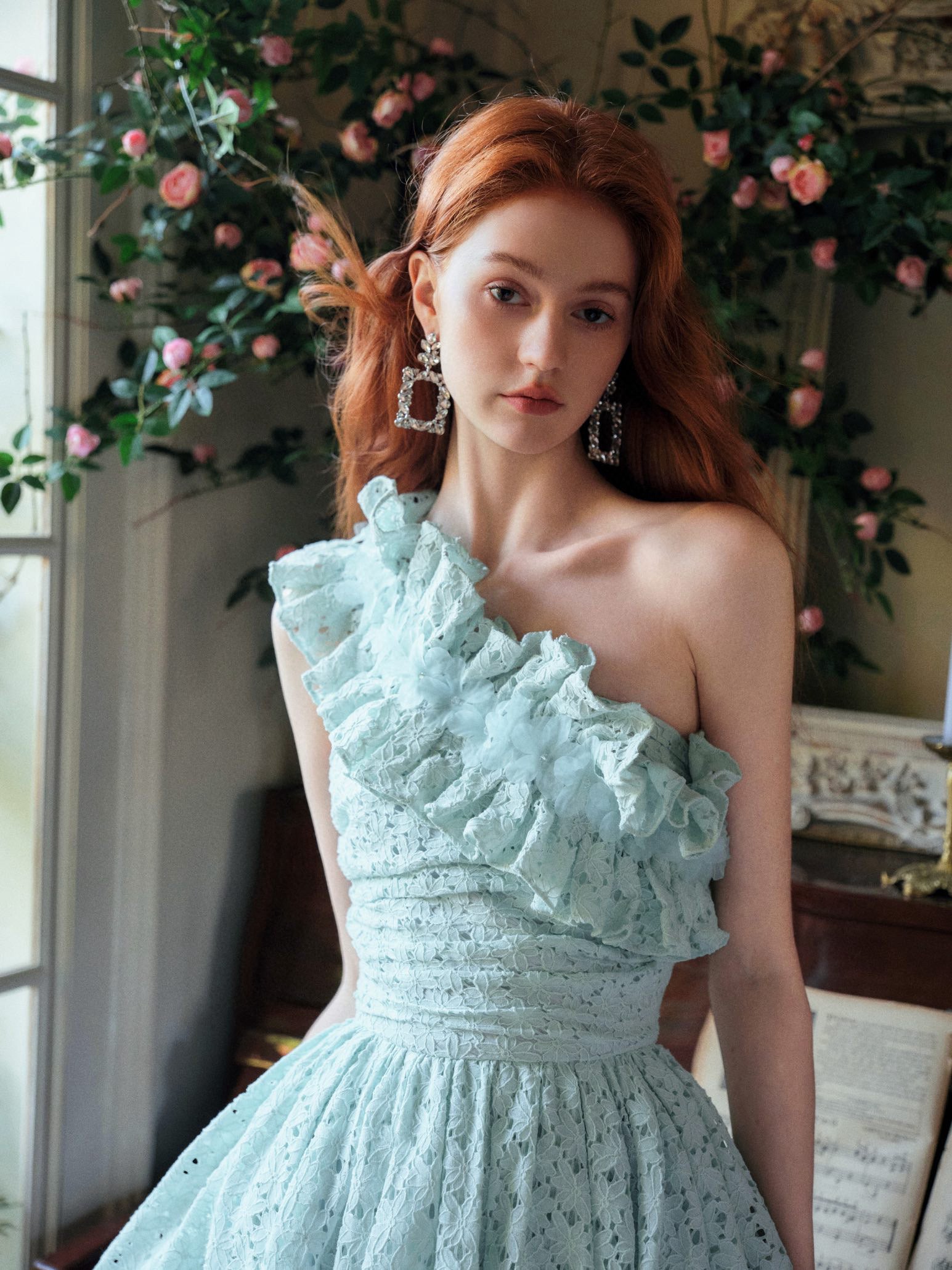 Handmade Crystal Flower One-Shoulder Ruffled Dress