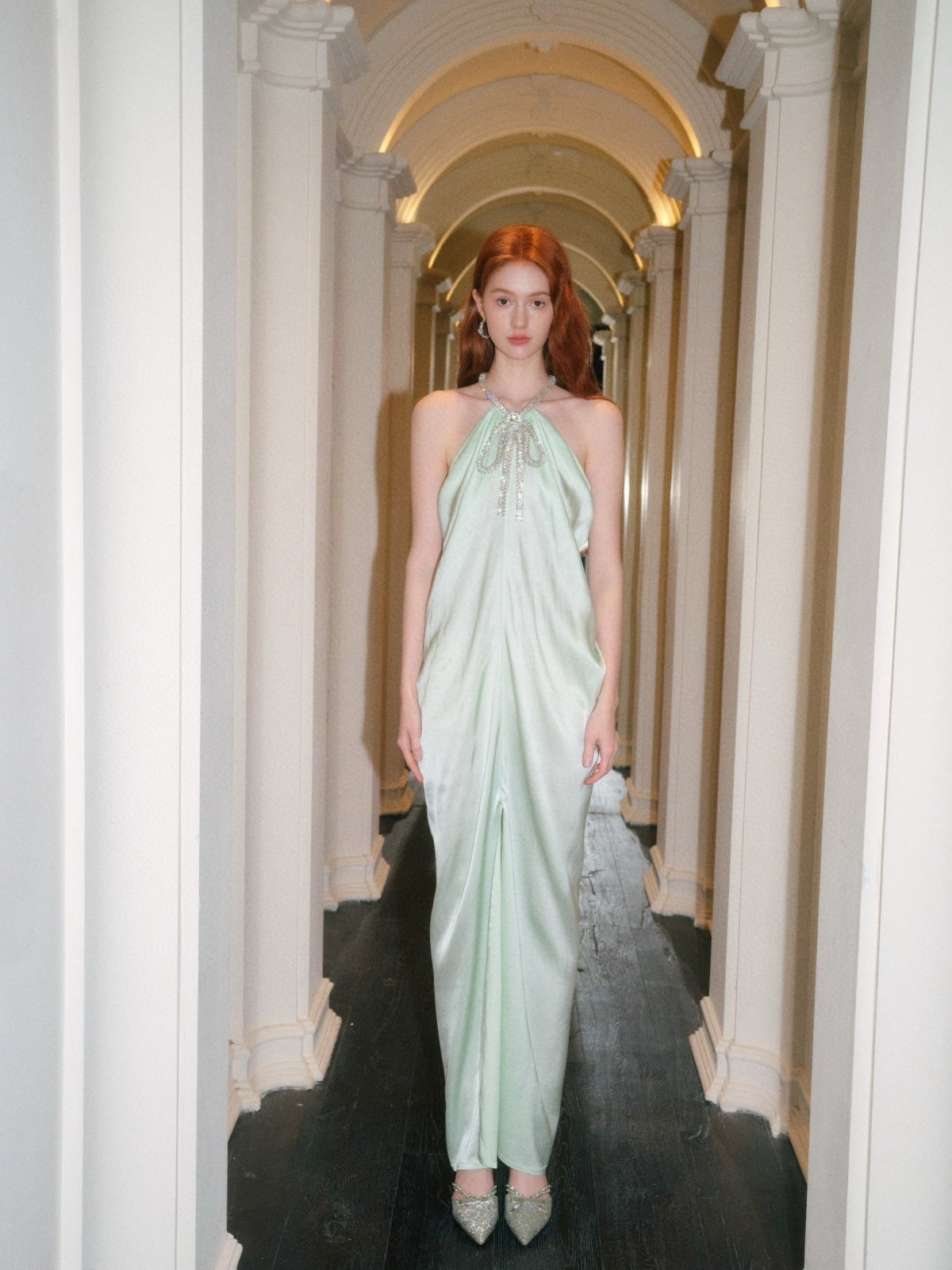 Light Green Rhinestone Halter Bow Dress