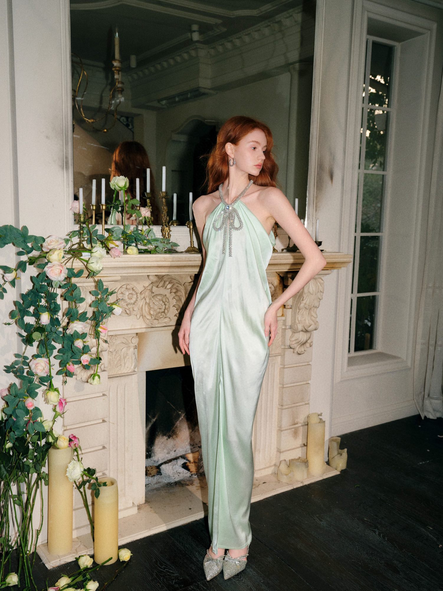 Light Green Rhinestone Halter Bow Dress