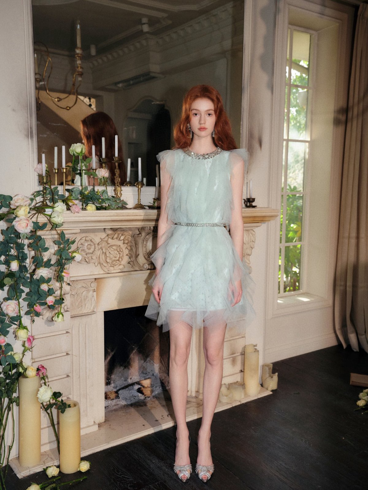 Crystal Embellished Layered Ruffle Dress