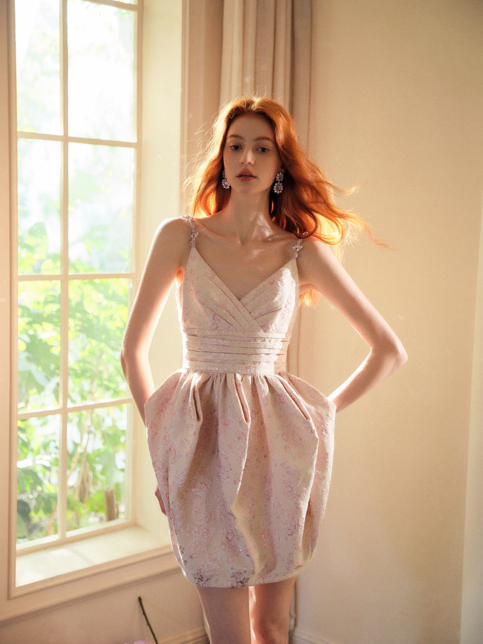 Gold Jacquard Pleated Embellished Dress