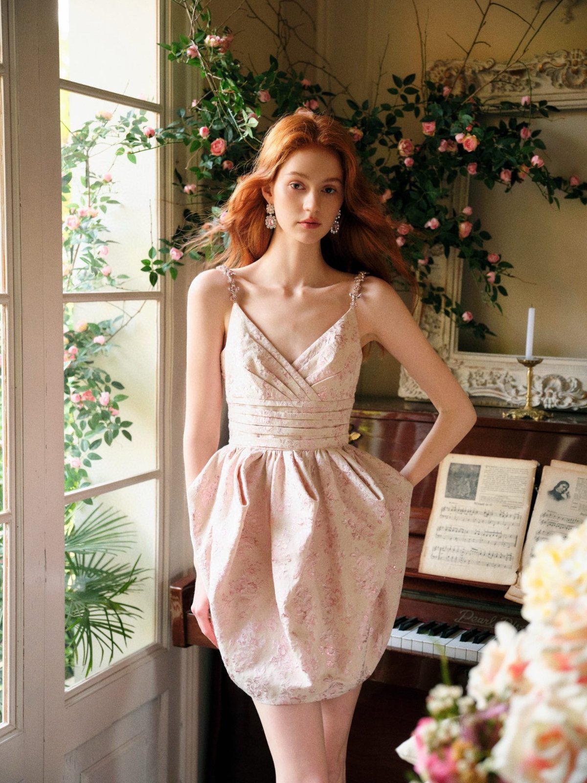 Gold Jacquard Pleated Embellished Dress