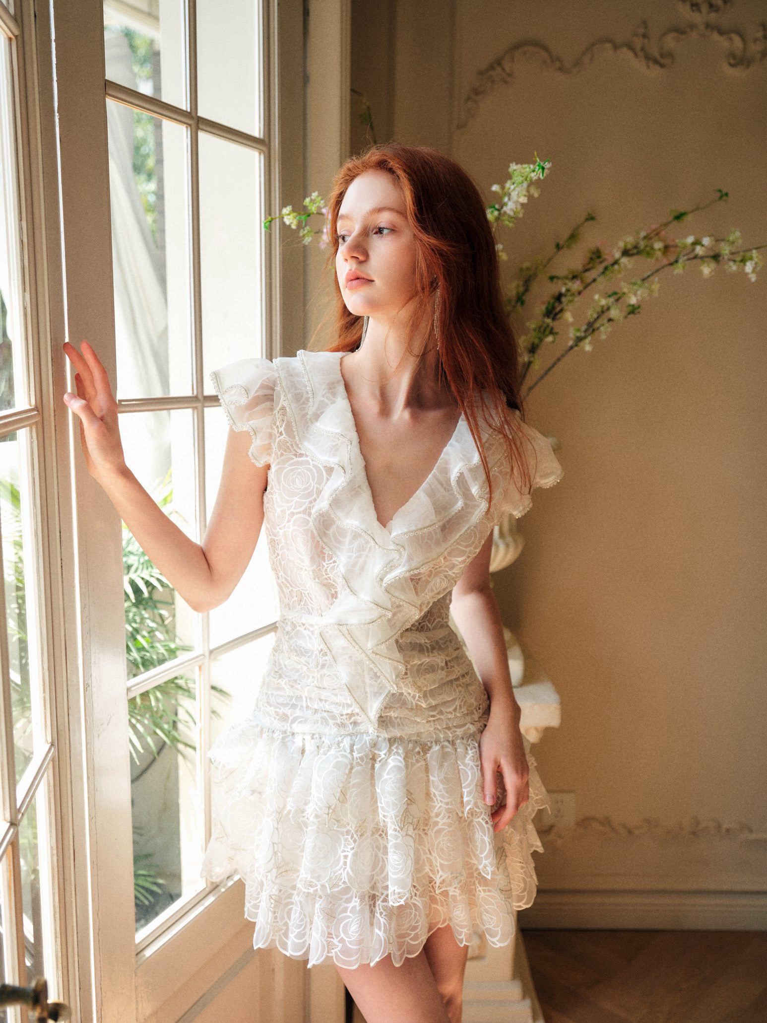 Rose Embroidered Ruffle Crystal-Embellished Dress