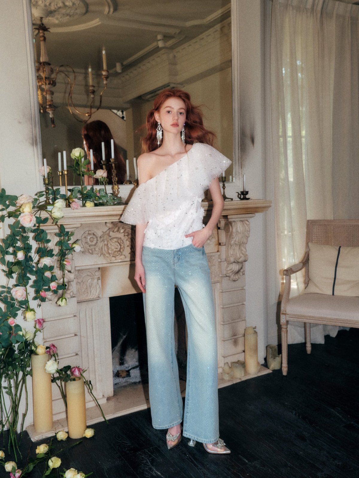 Rhinestone Wide-Leg Shiny Jeans