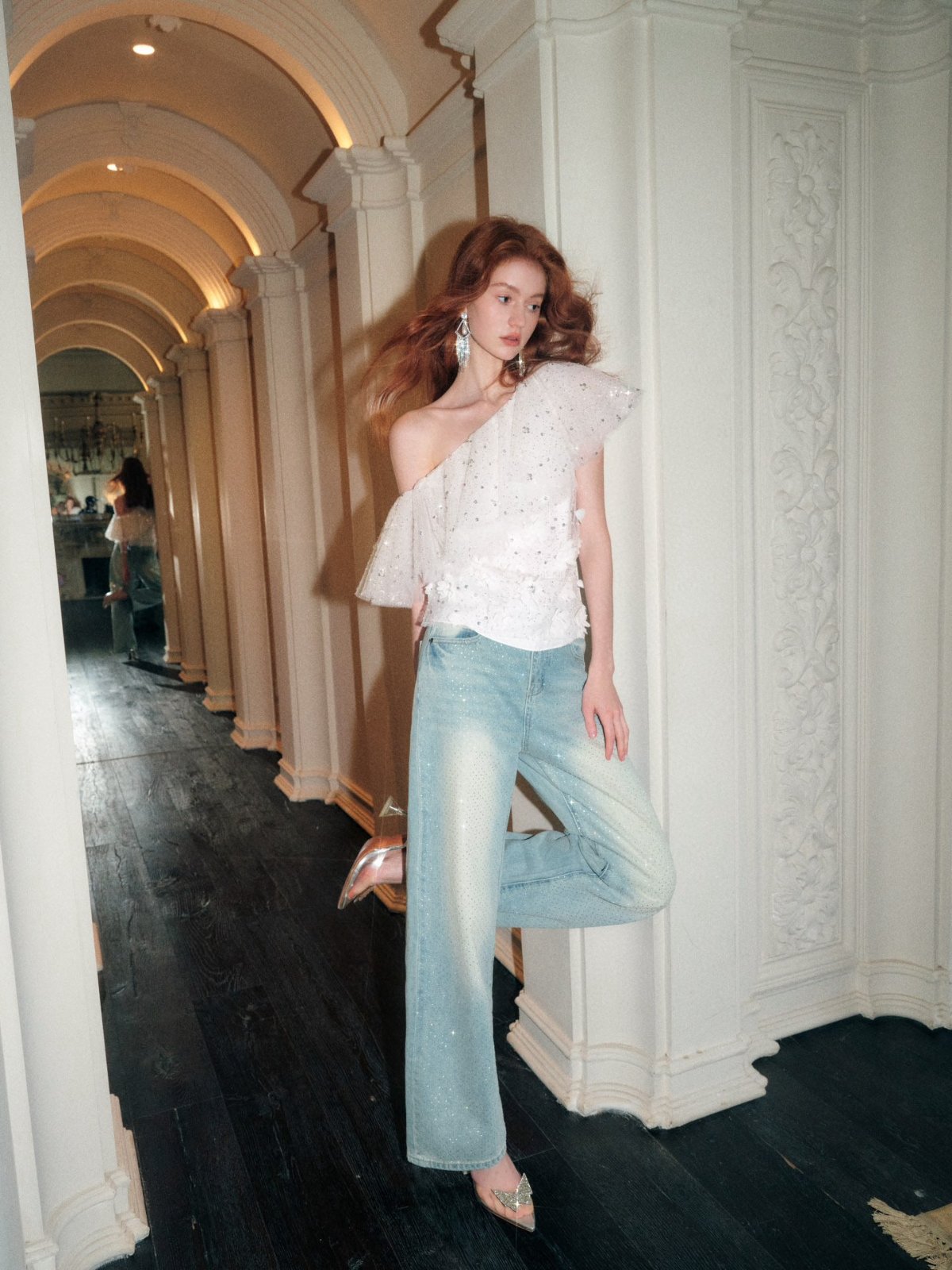 Crystal Flower Embellished Off-shoulder Ruffle Top