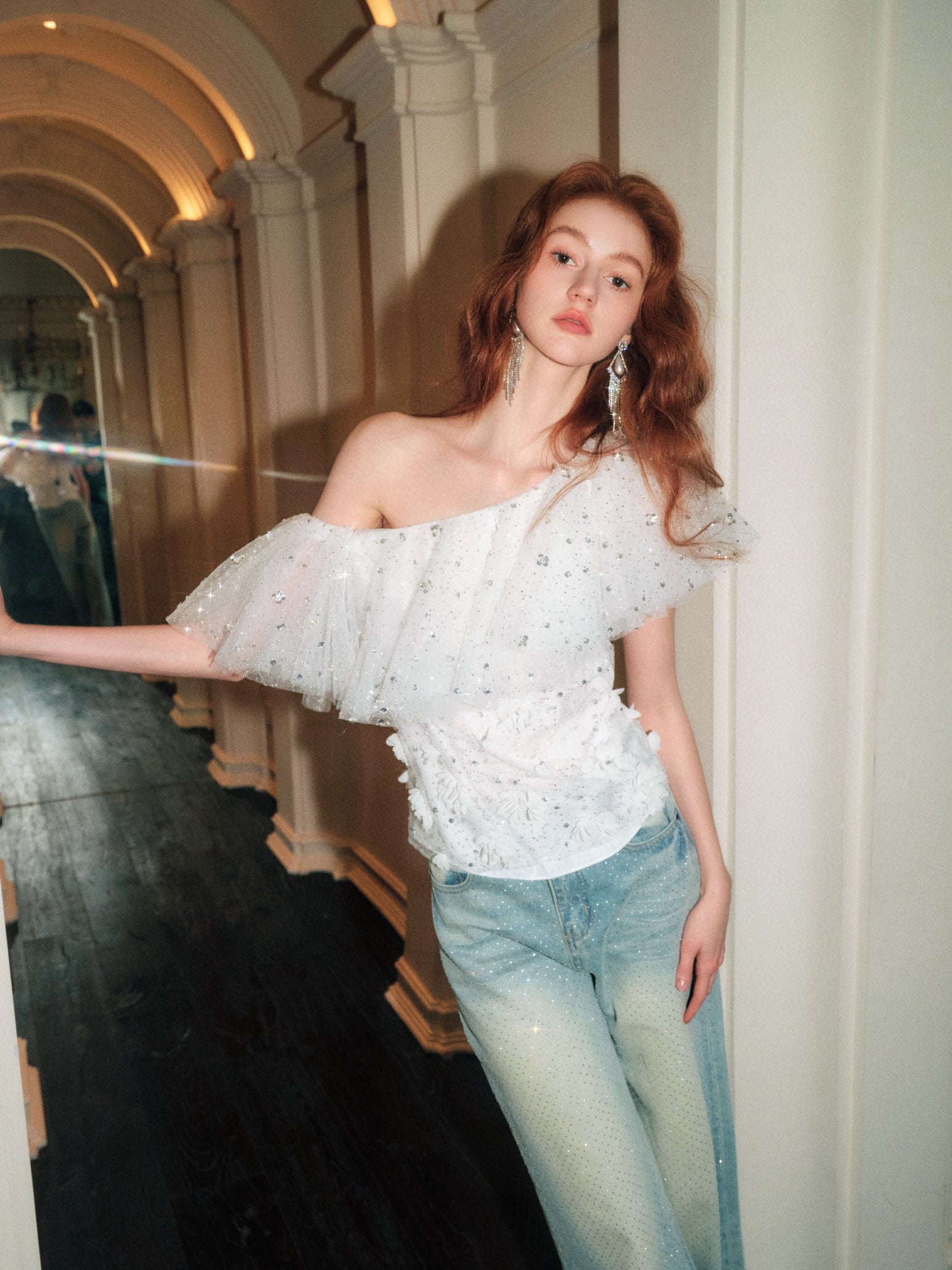 Crystal Flower Embellished Off-shoulder Ruffle Top