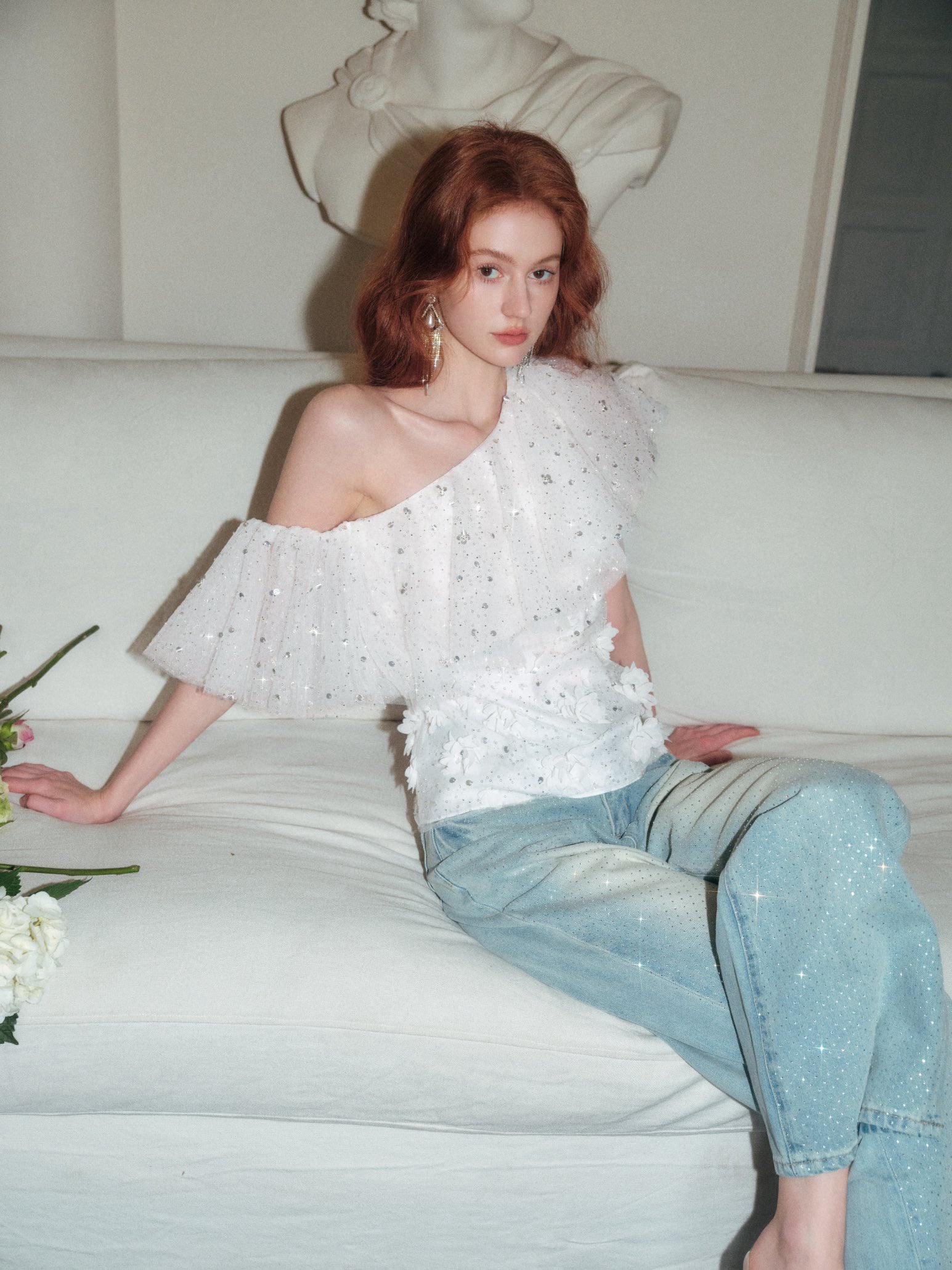 Crystal Flower Embellished Off-shoulder Ruffle Top