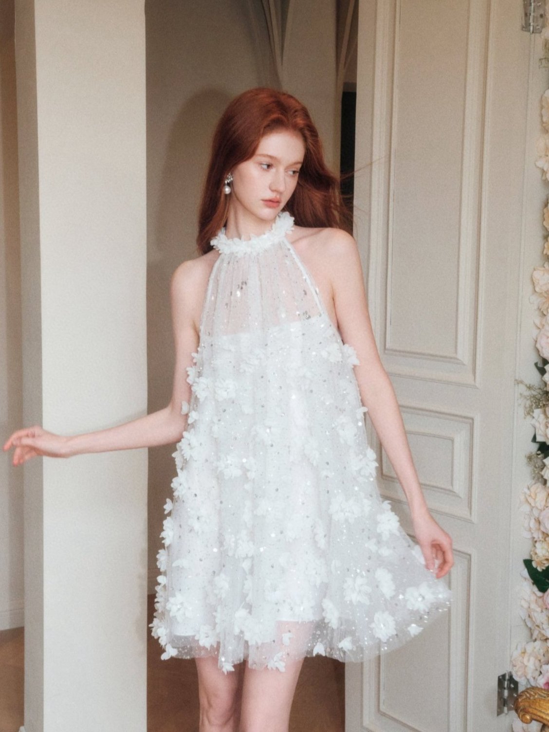 Crystal Embellished Floral Halter Sheer Dress
