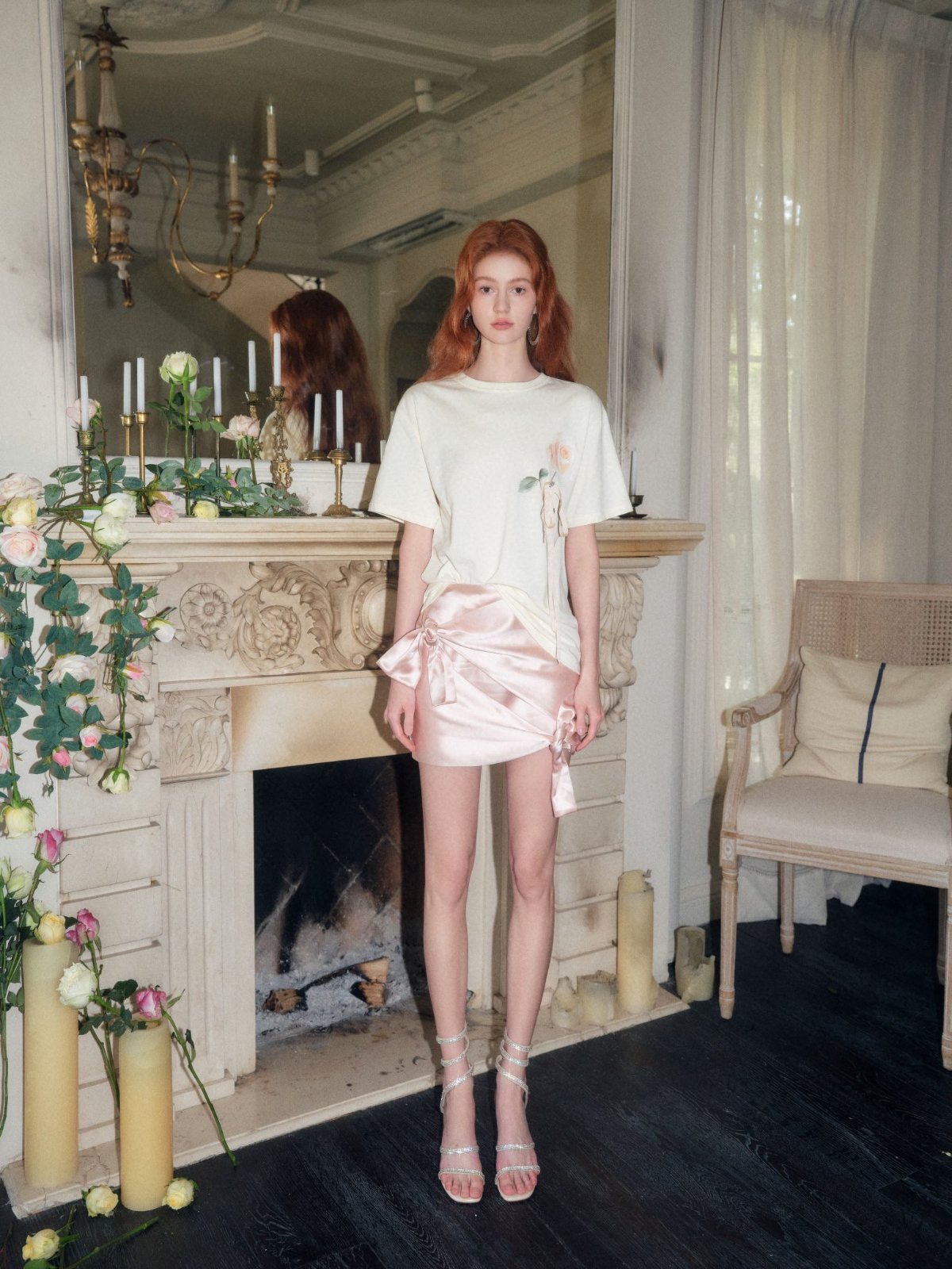 Peach Pink Bowknot Lace-up Skirt