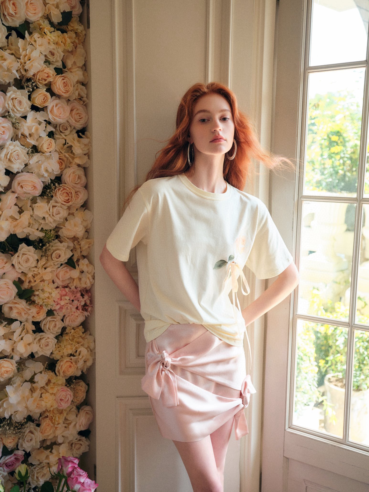 Peach Pink Bowknot Lace-up Skirt