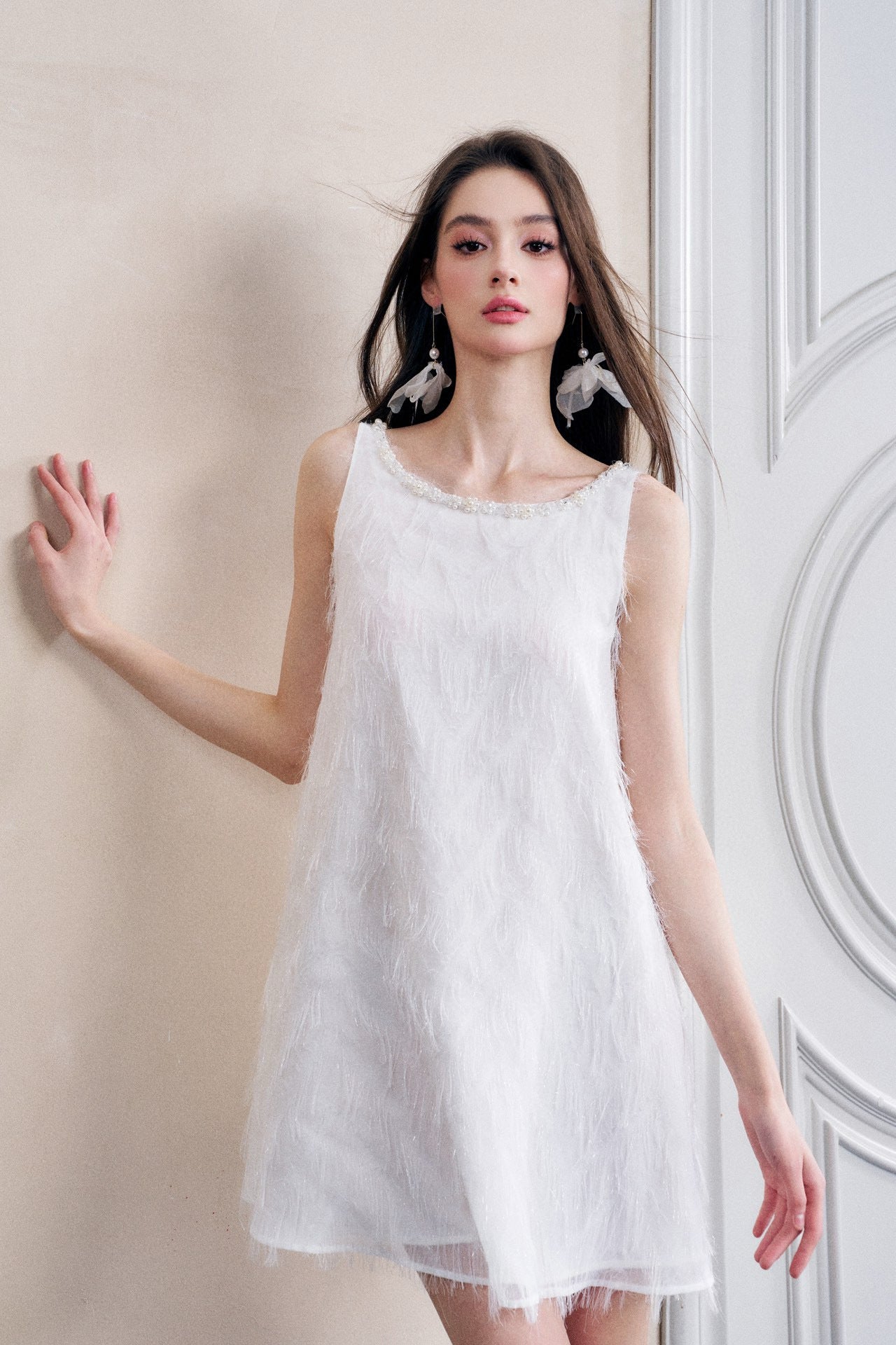 White Fringe Open-back Beaded A-lined Mini Dress