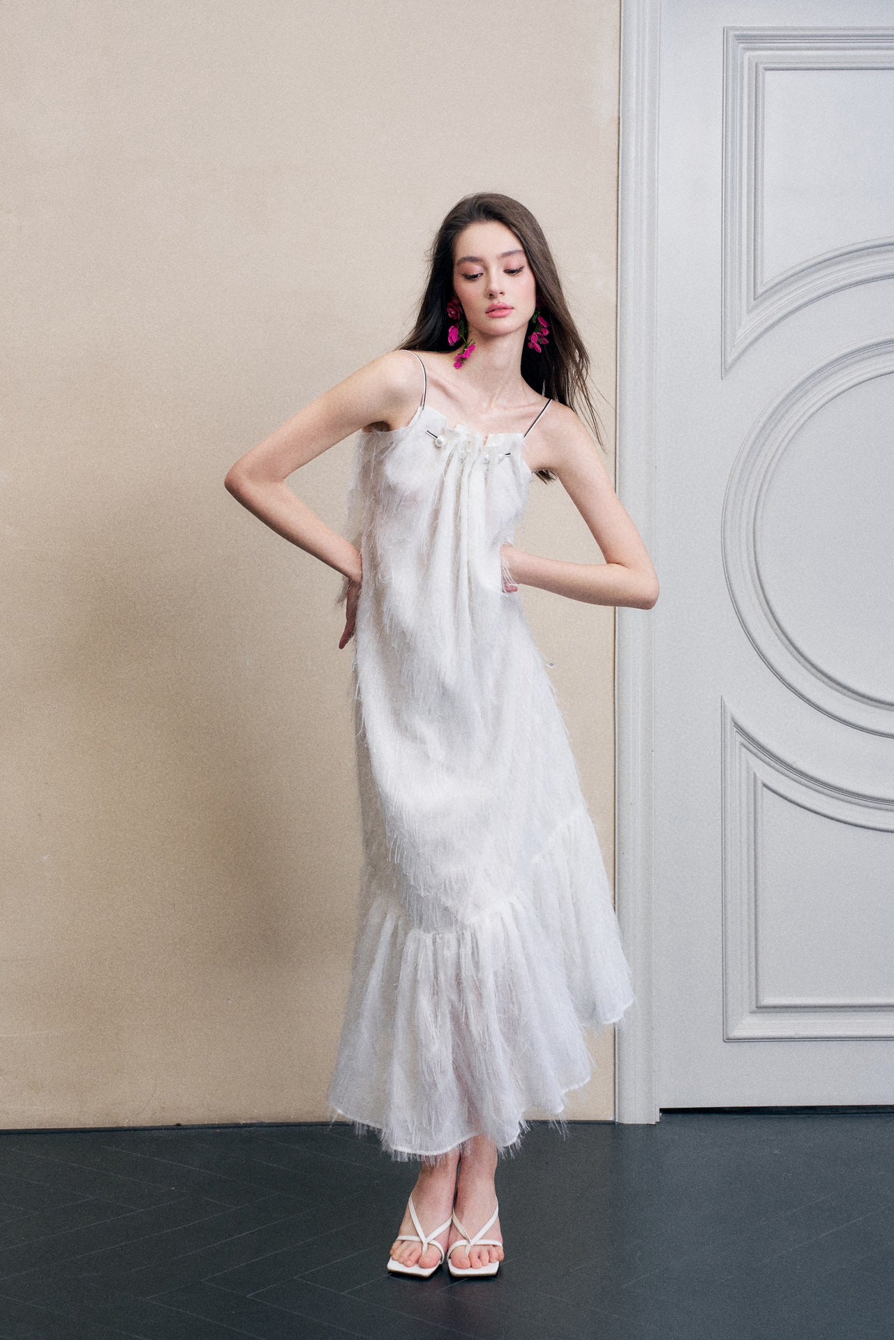 Fringe Open-back Gathered Midi Dress