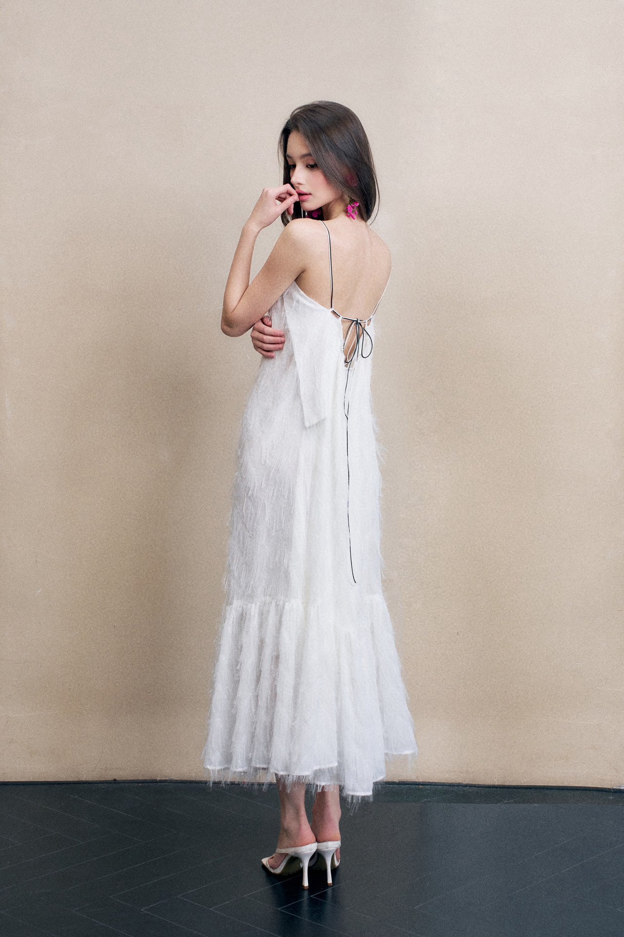 Fringe Open-back Gathered Midi Dress