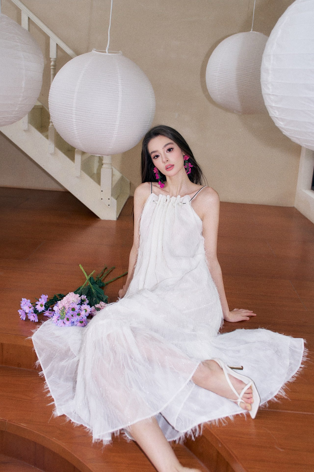 Fringe Open-back Gathered Midi Dress