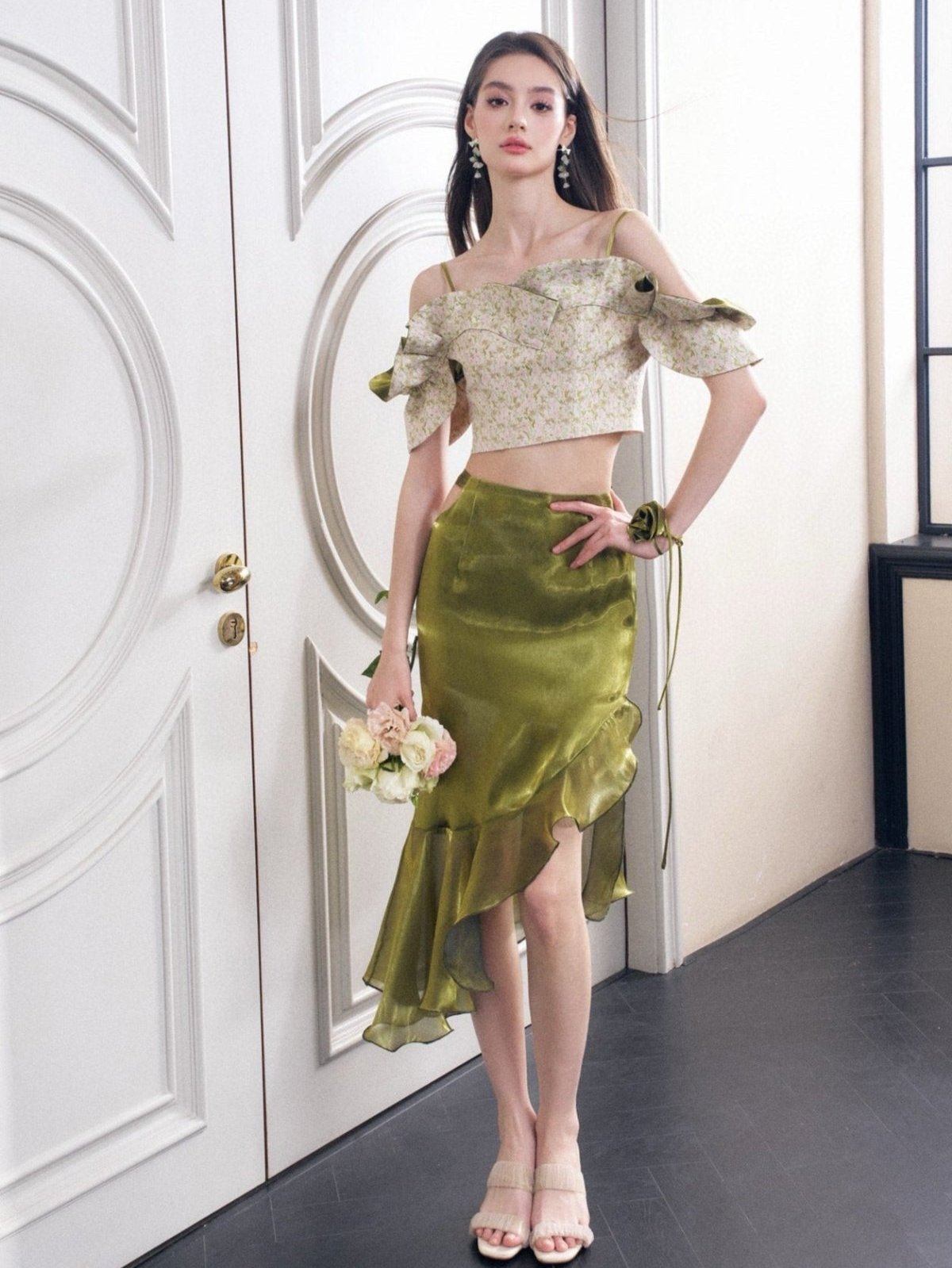 Floral Jacquard Off-shoulder Crop Top