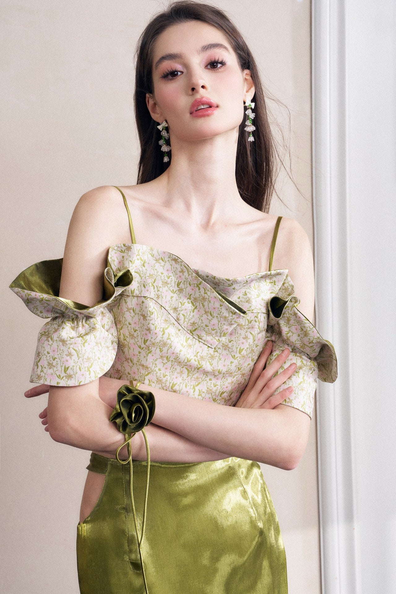 Floral Jacquard Off-shoulder Crop Top