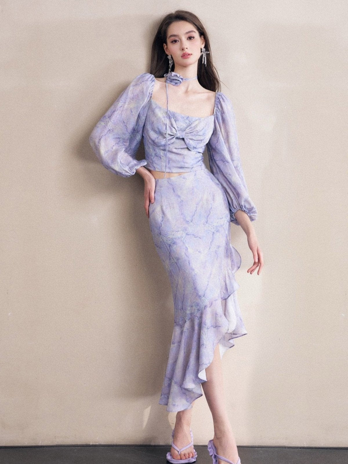 Lavender Marble-print Puff Sleeve Top