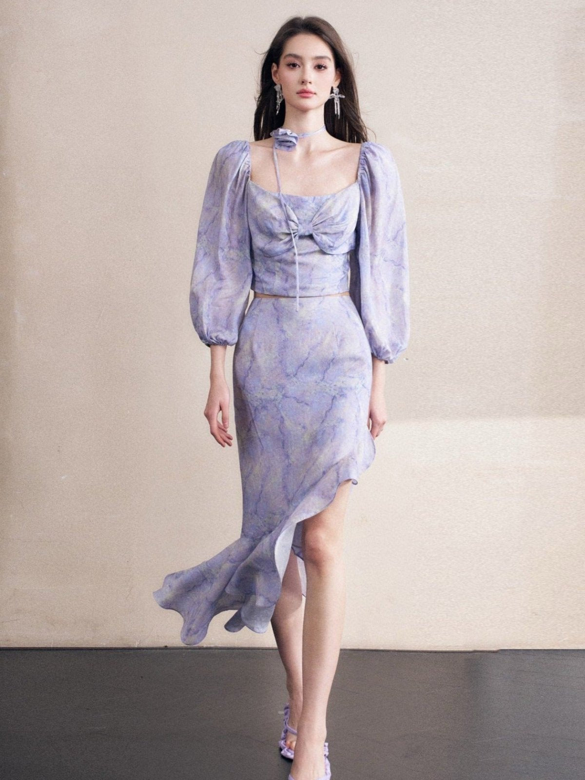 Lavender Marble-print Puff Sleeve Top