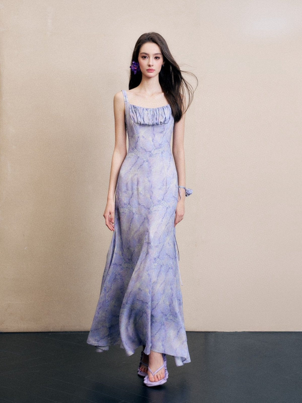 Lavender Marble Printed Square Neck Pleated Dress