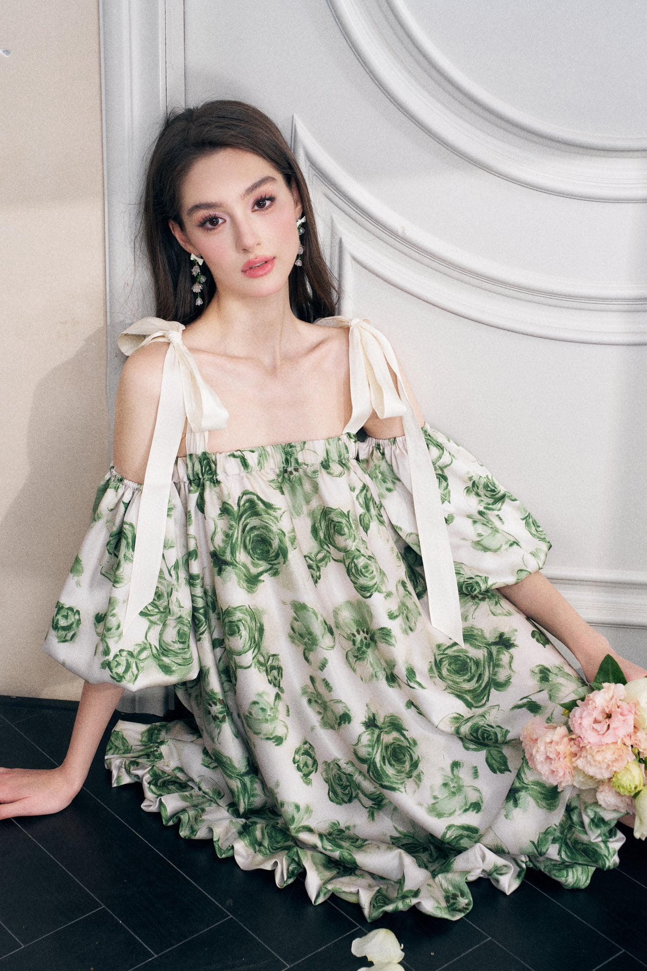 Green Floral Print Puff Sleeve Off-shoulder A-lined Mini Dress