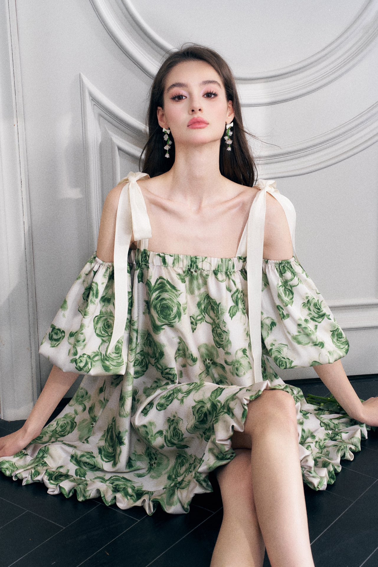 Green Floral Print Puff Sleeve Off-shoulder A-lined Mini Dress