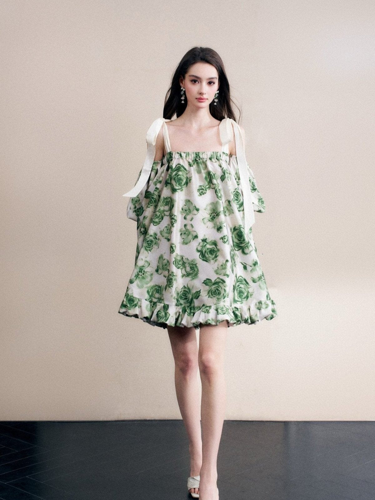Green Floral Print Puff Sleeve Off-shoulder A-lined Mini Dress