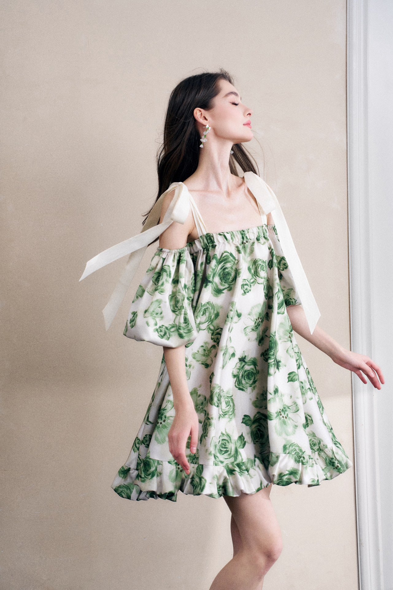 Green Floral Print Puff Sleeve Off-shoulder A-lined Mini Dress