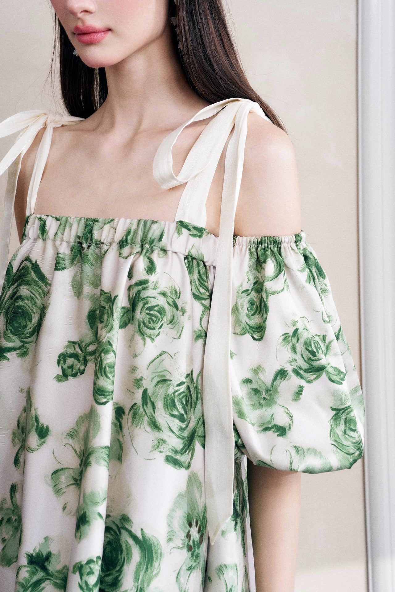Green Floral Print Puff Sleeve Off-shoulder A-lined Mini Dress