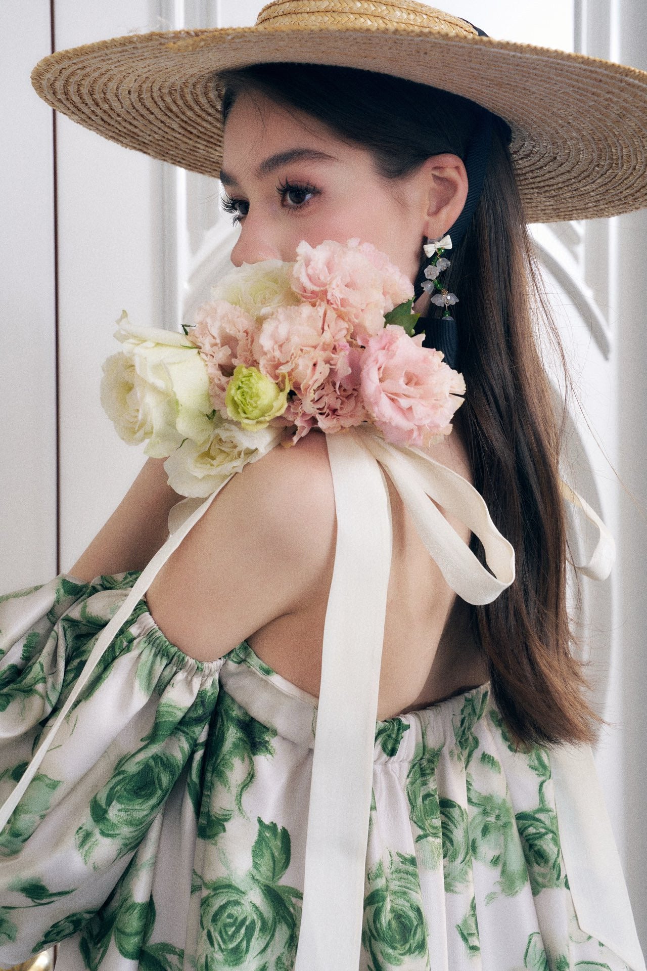 Green Floral Print Puff Sleeve Off-shoulder A-lined Mini Dress