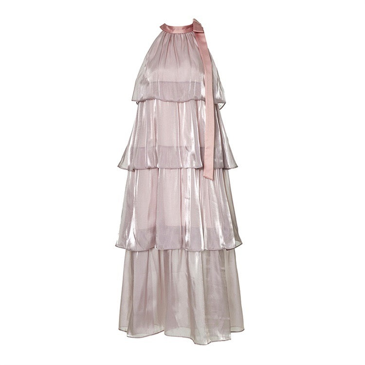 Tiered and Layered Silky Midi Dress in Purple