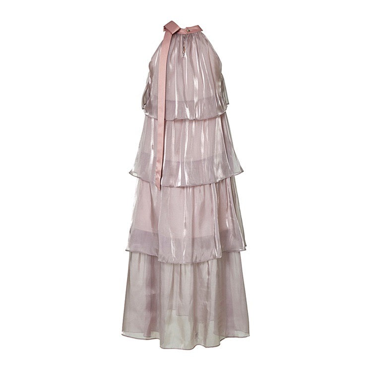 Tiered and Layered Silky Midi Dress in Purple