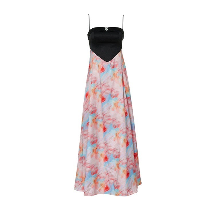 Black and Watercolor Printed Cami Maxi Dress