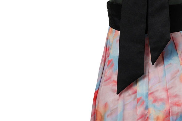 Black and Watercolor Printed Halter Gathered Maxi Dress