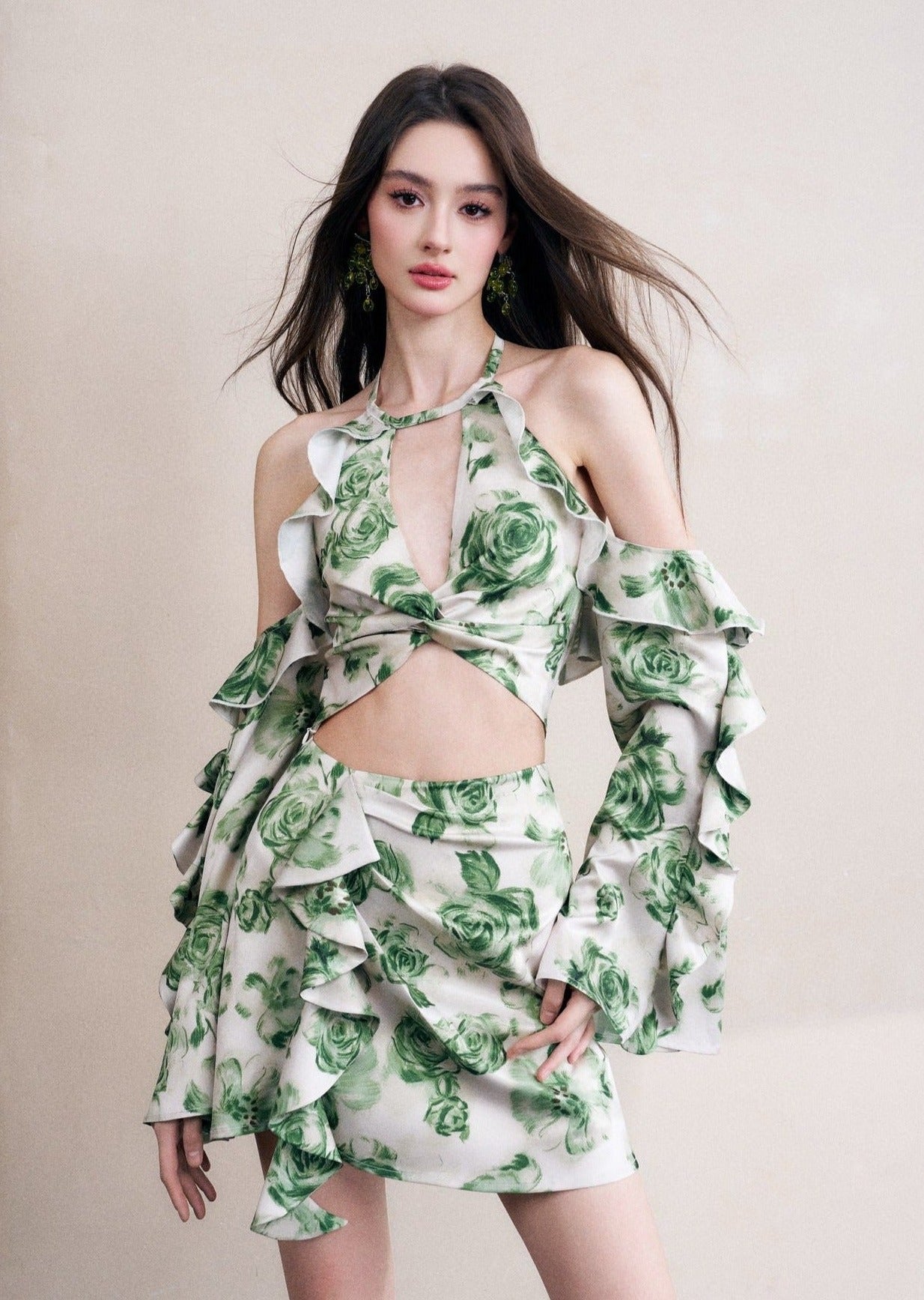 Green Floral Ruffle A-line Skirt