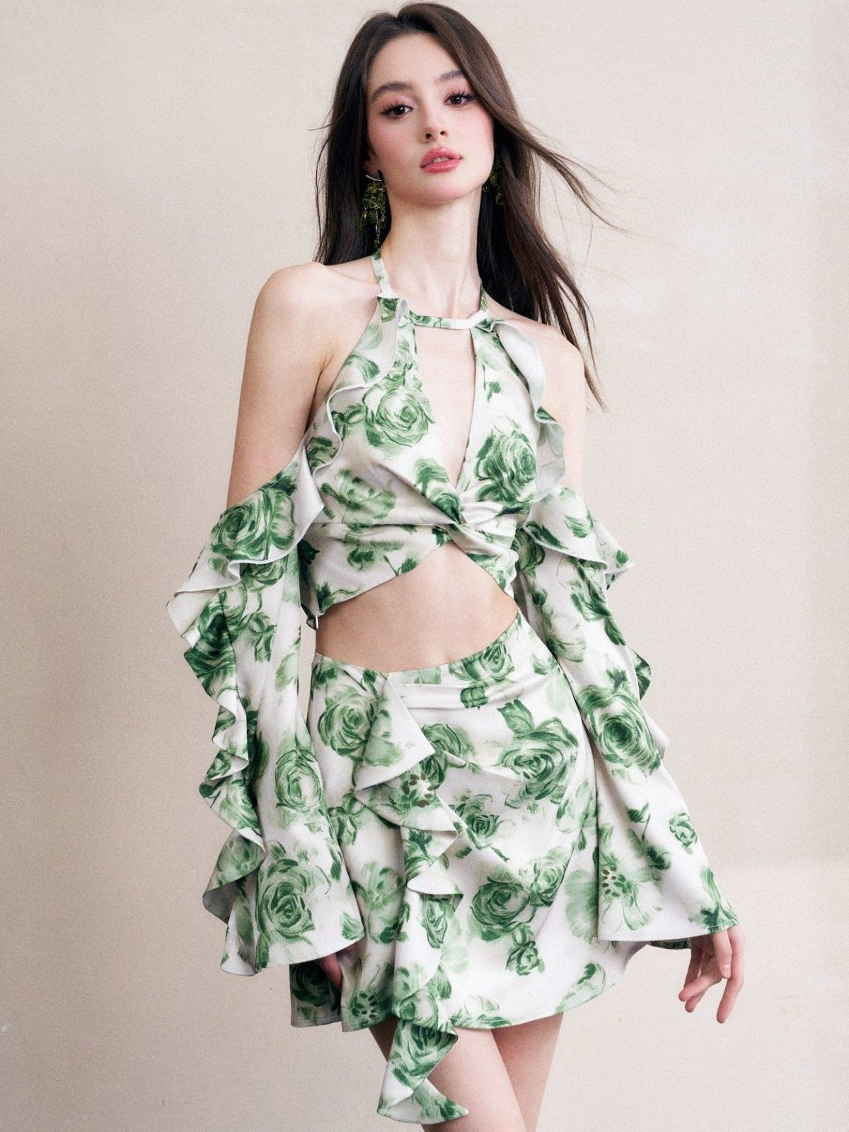 Green Floral Ruffle A-line Skirt