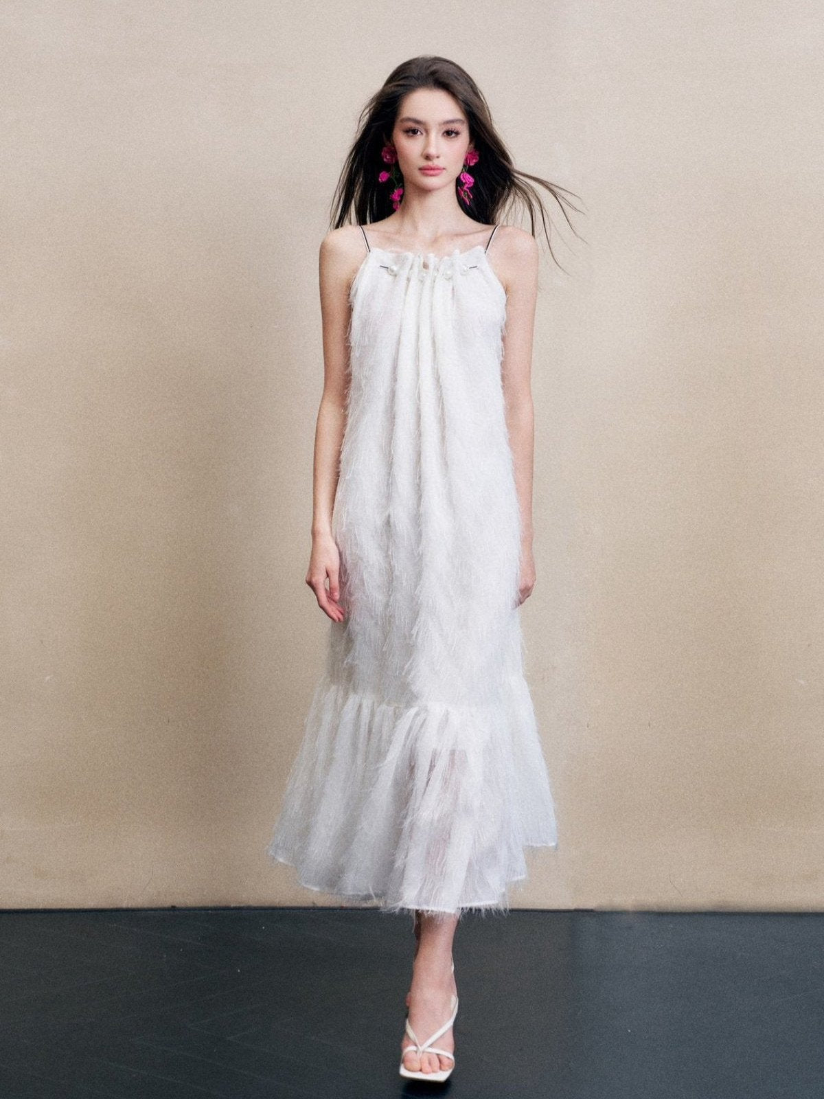 Fringe Open-back Gathered Midi Dress