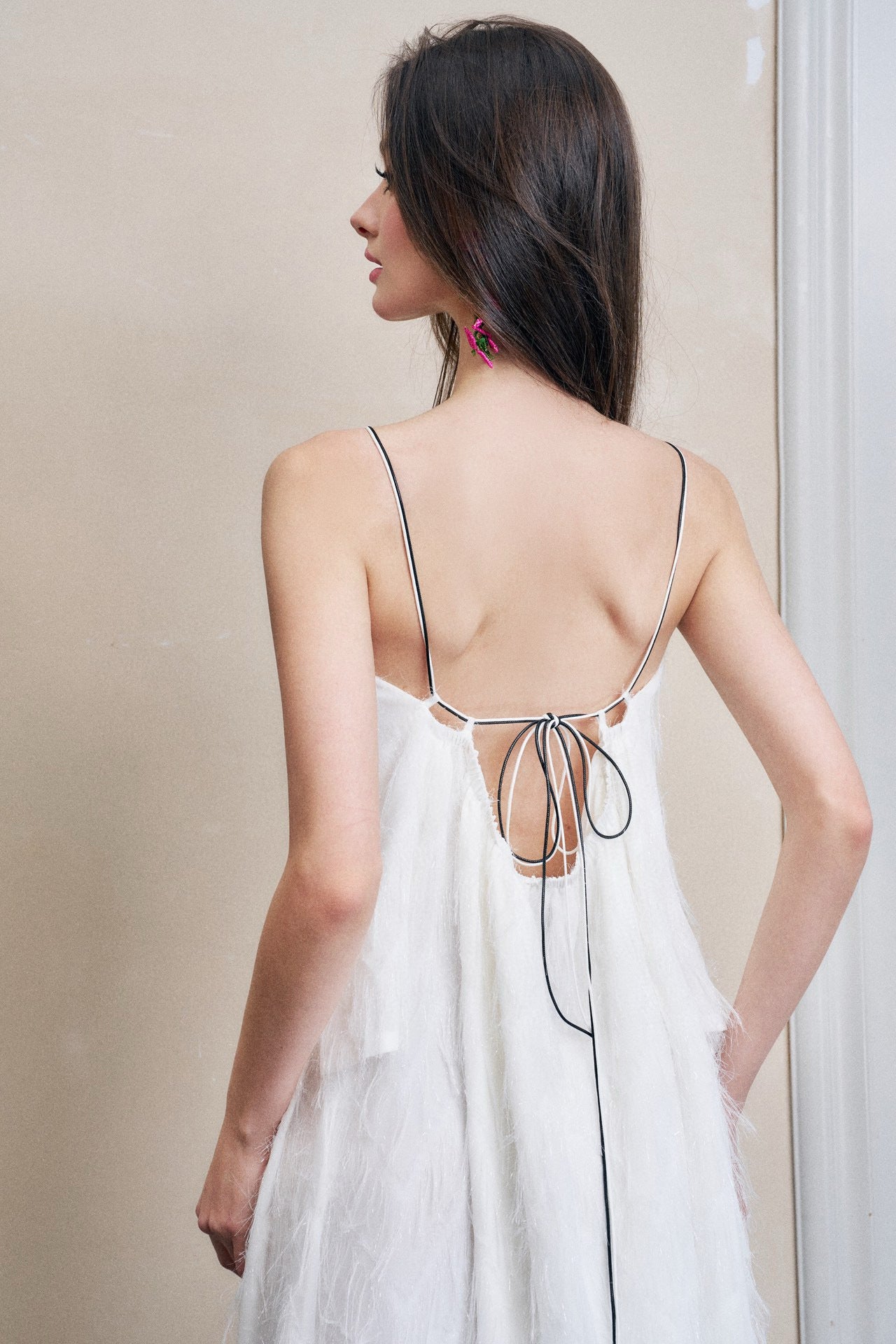 Fringe Open-back Gathered Midi Dress