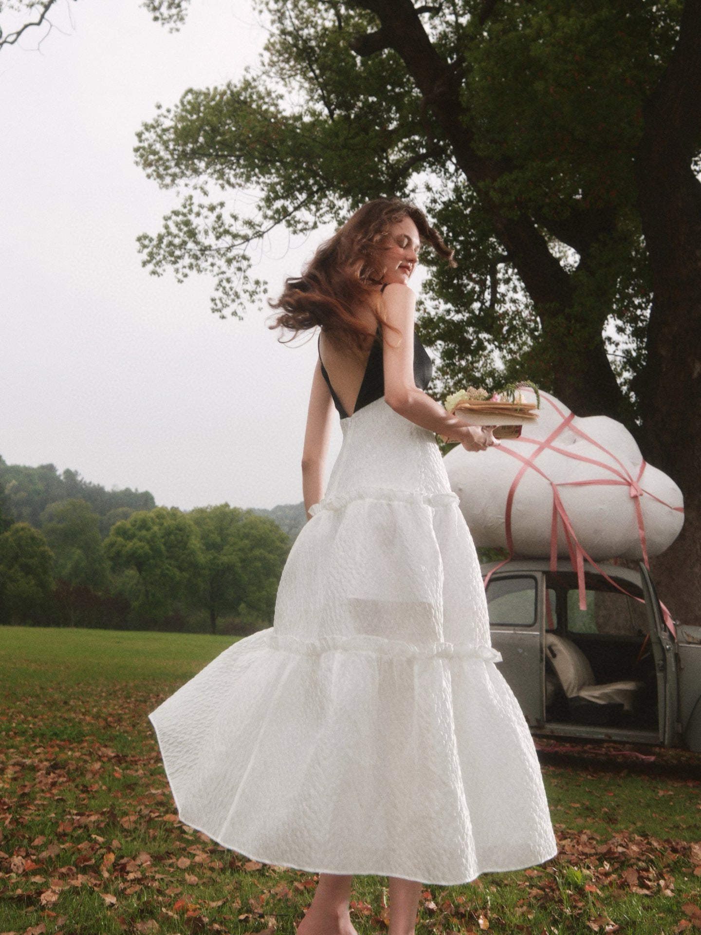 V-neck Jacquard Midi Dress in White