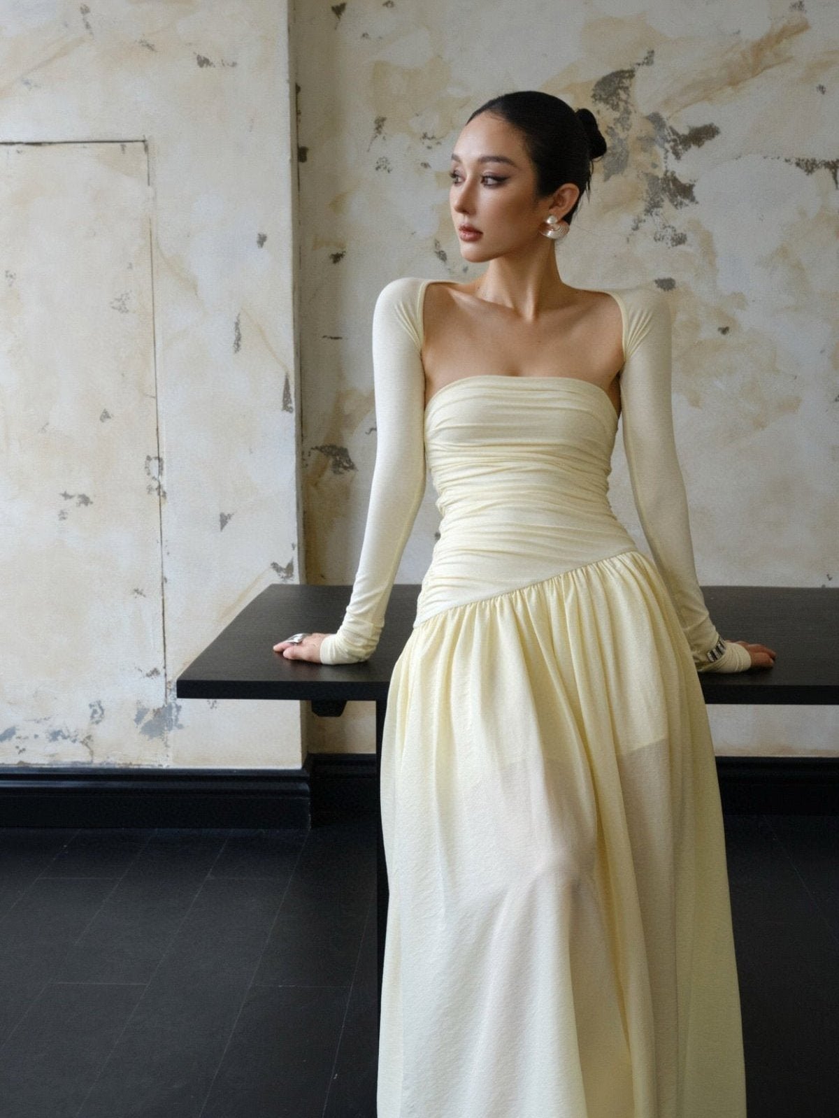 Creamy Ruched Side Slit Maxi Dress