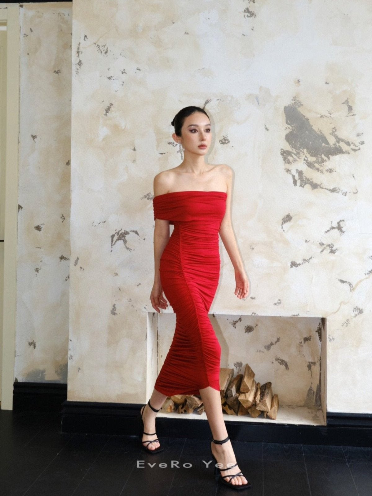 Red off-shoulder Ruched Midi Dress