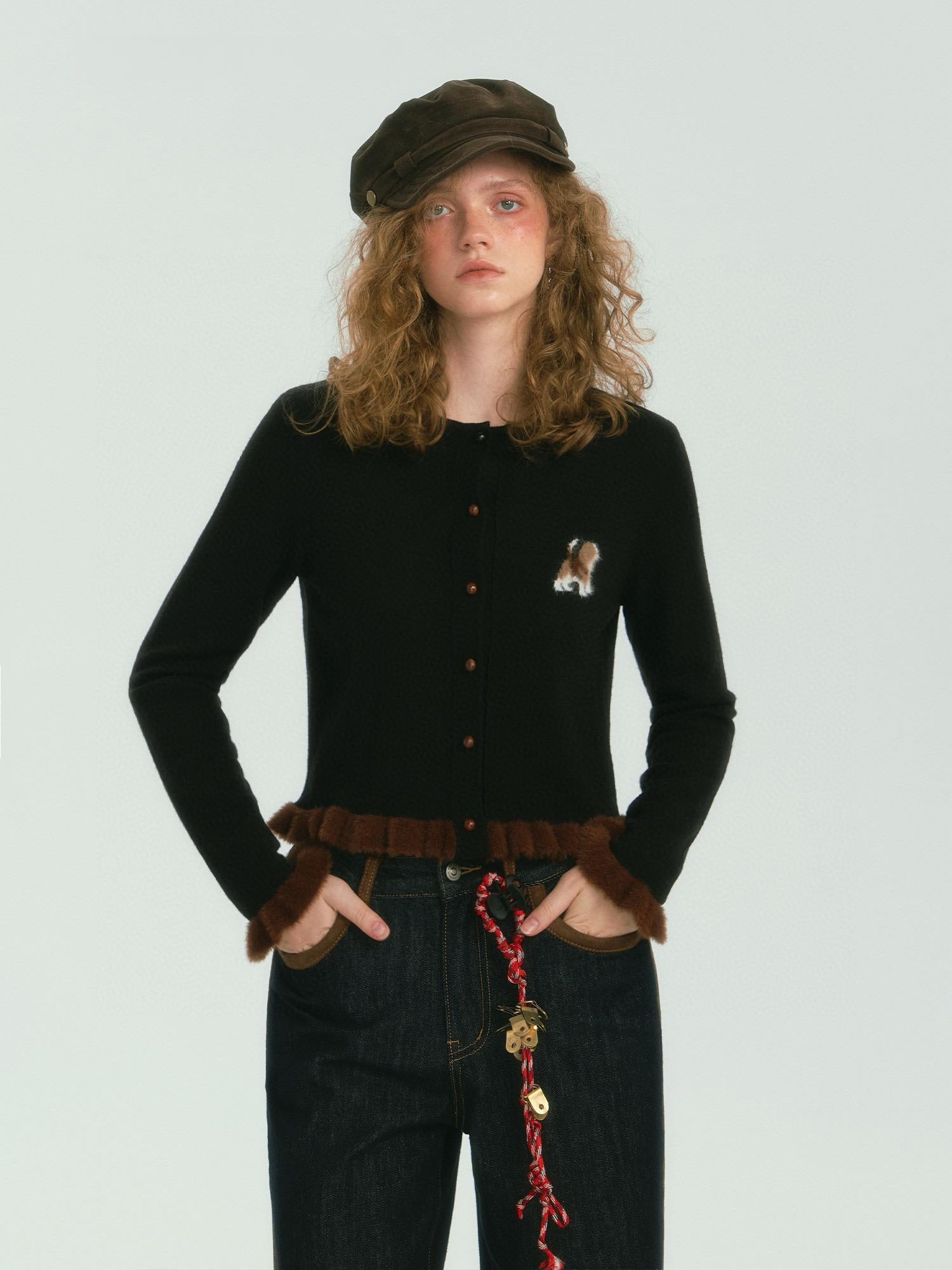 Black Knit Fur-Trim Cardigan