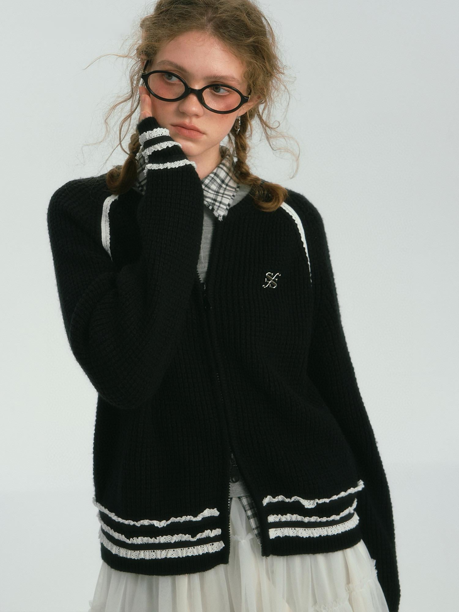 Black Floral Trim Black Knit Cardigan