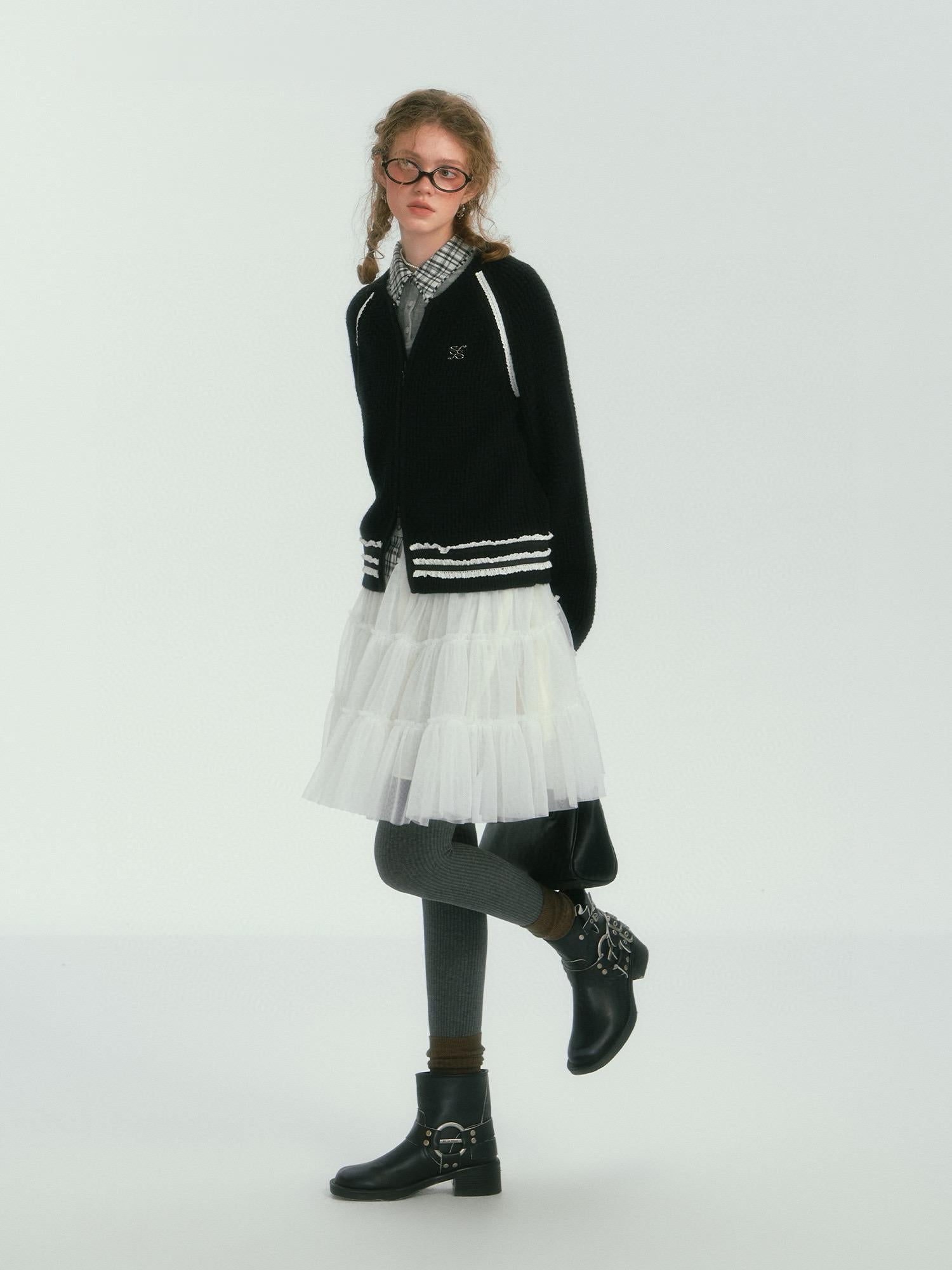 Black Floral Trim Black Knit Cardigan