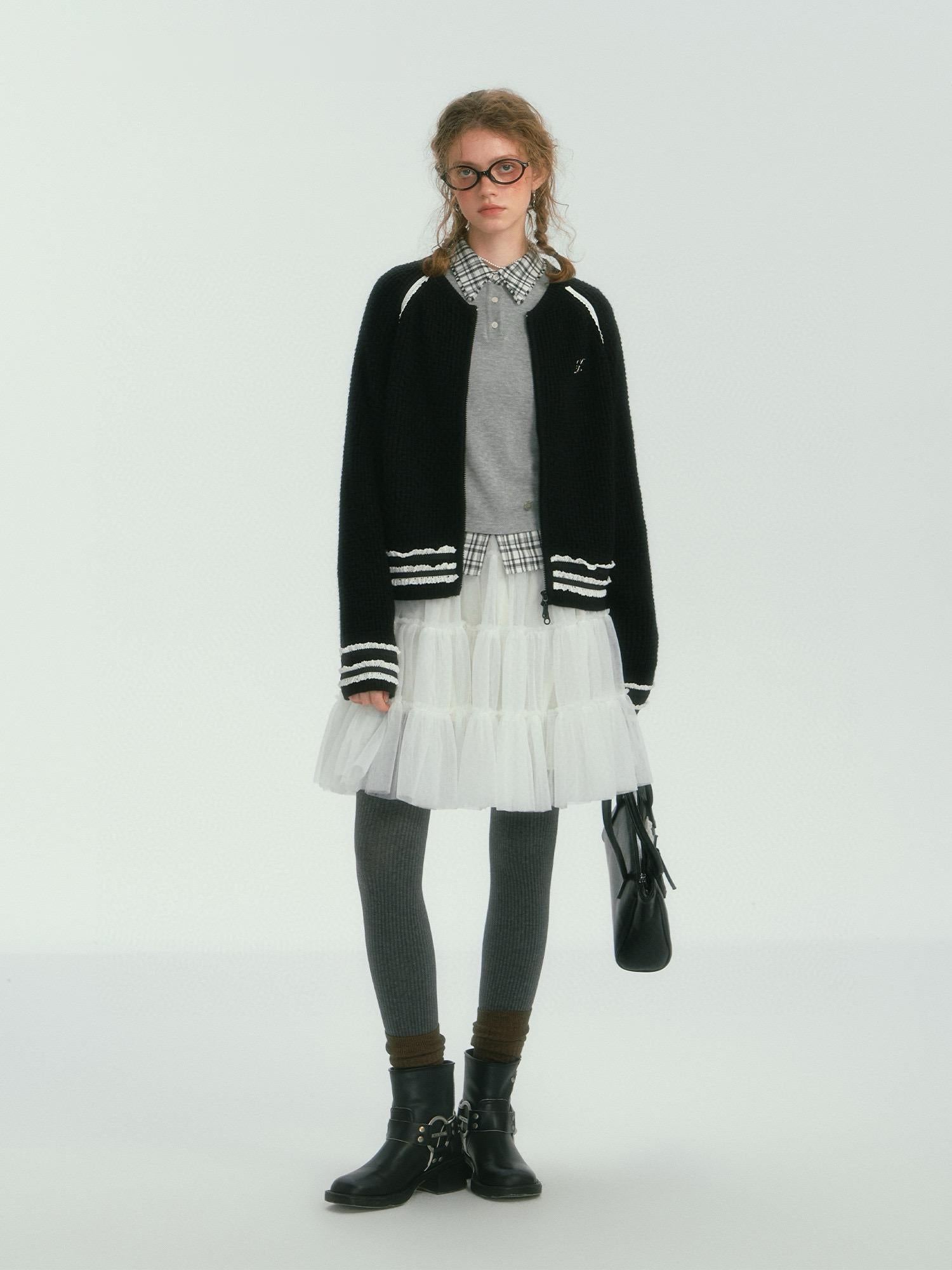 Black Floral Trim Black Knit Cardigan